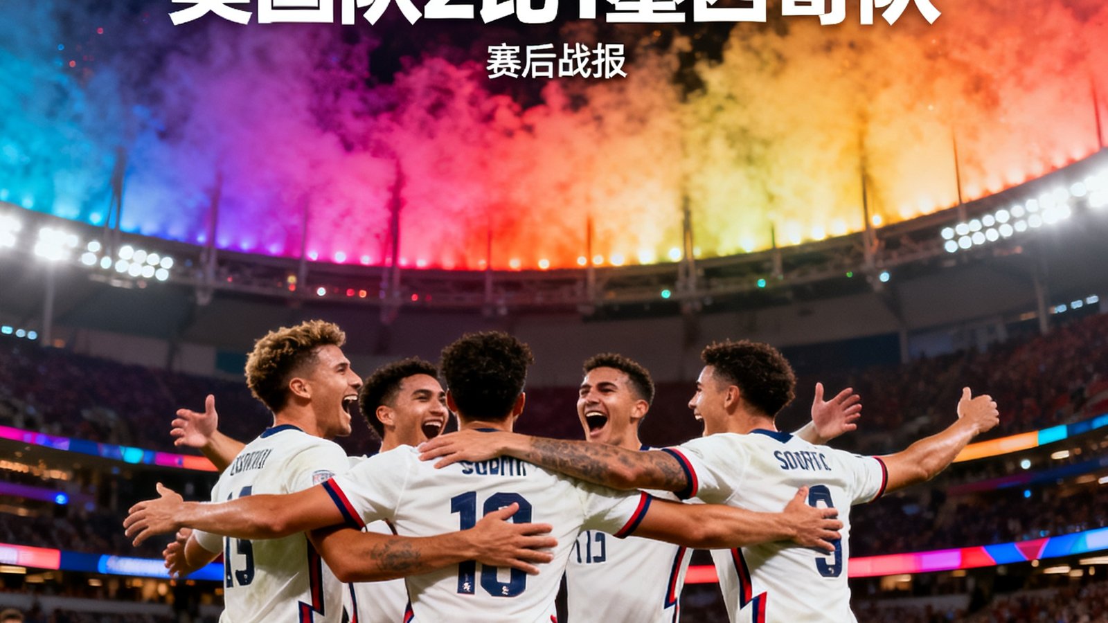 美国队2比1战胜墨西哥队的赛后战报配图，球员庆祝进球的激动瞬间，背景是洛杉矶SoFi体育场灯光秀